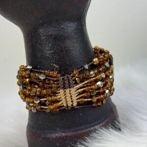 Brown Glass & Tan Woven Beaded Boho Bracelet Brass Closure 8"